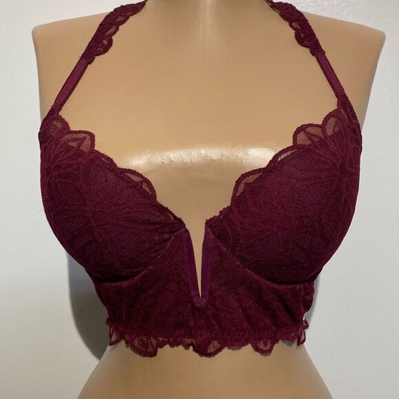 PINK Victoria's Secret Women's Maroon Racerback Date Lace Push Up Bra Size Small - Picture 1 of 12